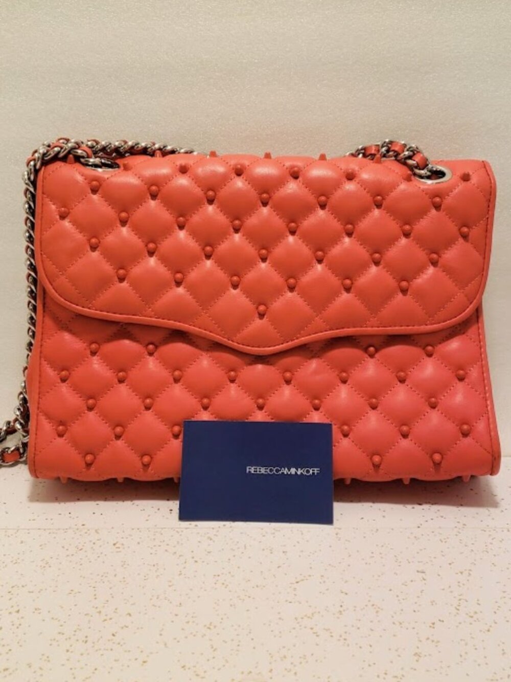 Rebecca Minkoff Large Affair Shoulder Bag Quilted Leather Enamel Studs Coral COA